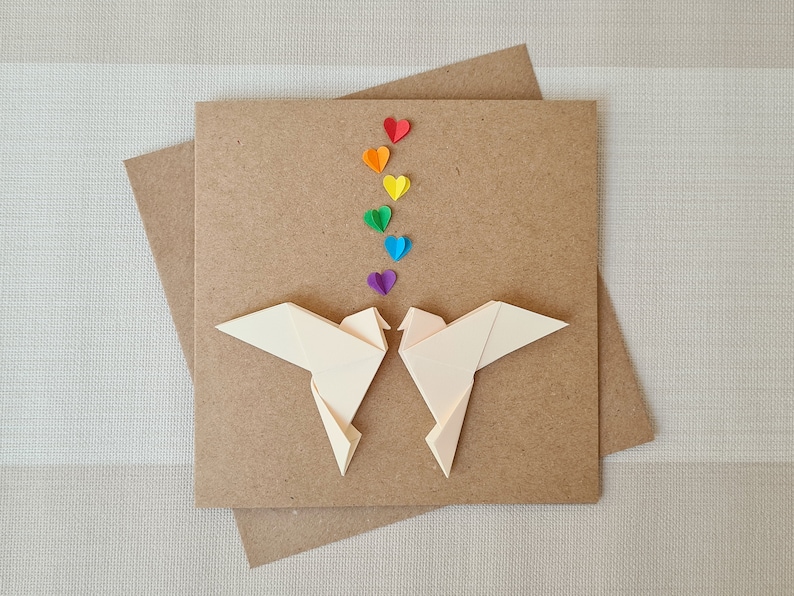 Rainbow Lovebirds Wedding Card, Origami Love Doves and Rainbow Hearts, Engagement, Gay Anniversary, Gay Wedding Card, Rainbow Wedding, Pride image 1