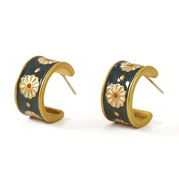 18K Gold Plated Flower Enamel C-Shaped Earrings For Women, Women hoops