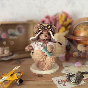 Aviator Teddy Bear – Collectible OOAK Plush Bear – Pilot Gift for Collector