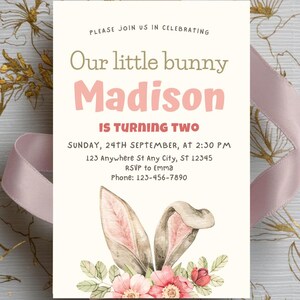 Editable Bunny Birthday Invitation Cute Digital Kids Party Invite Editable Printable Easter Bunny Theme Easter Theme Infant Toddler Party