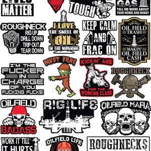 May include: A set of 16 colourful stickers with various designs and slogans related to the oil and gas industry. The stickers feature skulls, oil rigs, and phrases such as "Frac Outlaw", "Roughneck Tough", "Oil Field Trash", and "I Love the Smell of Oil in the Morning".