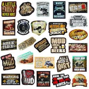May include: A collection of 24 off-road themed stickers with various designs and sayings. The stickers feature a variety of colours, including black, white, red, green, yellow, and blue. Some of the sayings on the stickers include "A Little Dirt Never Hurt", "Mud Up or Shut Up", "Offroad Addicted 4x4", "Mud Sweat and Beers", "Life is Better Offroad", and "Where the Road Ends the Fun Begins 4x4".