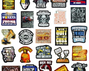 Construction Stickers – These construction hard hat stickers include excavators, dump trucks and backhoes.  Pack of 25
