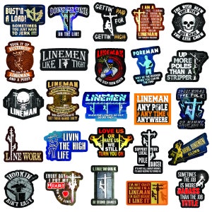 May include: A collection of 20 colorful stickers featuring humorous and motivational sayings about linemen. The stickers feature various illustrations of linemen working on power lines, skulls, and other related imagery. The text on the stickers includes phrases like "Linemen Like It Tight", "Love Us Or Hate Us We Still Turn You On", and "Daddy Works The Pole So Mommy Doesn't Have To".
