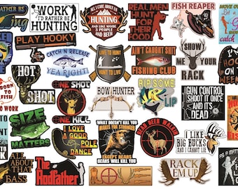 May include: A collection of 30 colorful stickers featuring hunting and fishing themes. The stickers feature various designs, including fish, deer, bows, guns, and text such as "Real Men Hunt for Their Food", "I'm a Hooker on the Weekends", and "Born to Fish, Forced to Work".