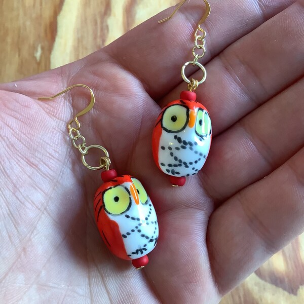 Ceramic Owl Earrings.  14k Gold Plated French Hooks.