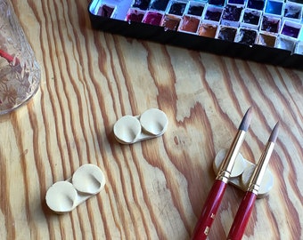 Ceramic Brush Holder. Two Brush/Tool.  Glazed with Minimalist, Circle Design.