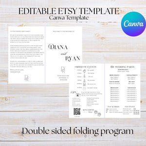 Peut inclure: Un modèle de programme de mariage recto-verso avec le texte "EDITABLE ETSY TEMPLATE Canva Template". Le programme comprend les noms "DIANA et RYAN", l'ordre des événements, les détails du cortège nuptial et un code QR. Le design est en noir et blanc.