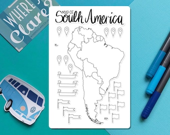 South America Outline Sticker -  Colour-in map, travel scrapbook sticker, journal map stickers, paper map stickers, color-in South America