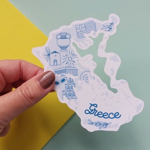 Greece Sticker Waterproof Greece map sticker country outline with icons from Greece including Vase, Temple, bells, olive branch more image 1