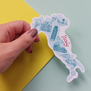 Italy Sticker -  Waterproof Italy map sticker -  country outline with icons from Italy including leaning tower of Pisa, Colosseum and more