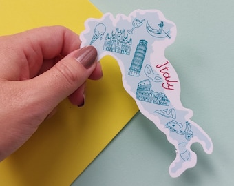 Italy Sticker -  Waterproof Italy map sticker -  country outline with icons from Italy including leaning tower of Pisa, Colosseum and more