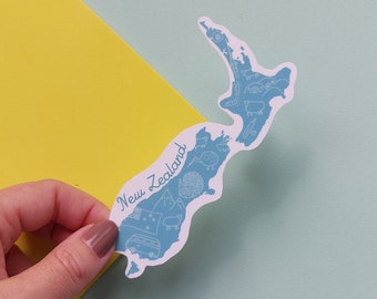 New Zealand Sticker -  Waterproof NZ map sticker -  country outline with icons from New Zealand inc. sheep, mountains, campervan and more