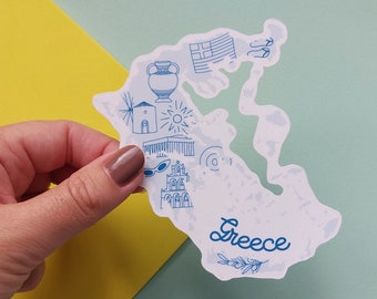 Greece Sticker -  Waterproof Greece map sticker -  country outline with icons from Greece including Vase, Temple, bells, olive branch + more