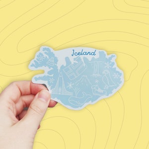 Iceland Sticker Waterproof Iceland map sticker country outline with icons from Iceland including waterfall, volcano, puffin and more image 2