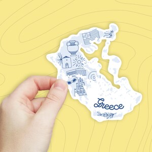 Greece Sticker Waterproof Greece map sticker country outline with icons from Greece including Vase, Temple, bells, olive branch more image 2