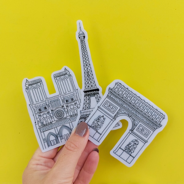 Paris Stickers -  Waterproof transparent outline sticker, Eiffel Tower, Notre Dame and Arc De Triomphe stickers, for scrapbooks and journals