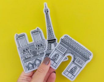 Paris Stickers -  Waterproof transparent outline sticker, Eiffel Tower, Notre Dame and Arc De Triomphe stickers, for scrapbooks and journals