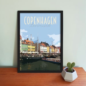 Copenhagen Travel Poster - Retro, Vintage-Stil Dänemark Kunstdruck, Kunstwerk, Homeware, Kopenhagen Postkarte