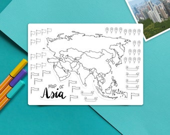 Asia Map Outline Sticker -  Colour-in map, travel scrapbook sticker, journal map stickers, paper map stickers, color-in Asian Countries