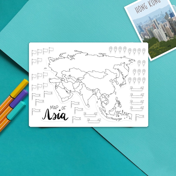 Asia Map Outline Sticker -  Colour-in map, travel scrapbook sticker, journal map stickers, paper map stickers, color-in Asian Countries