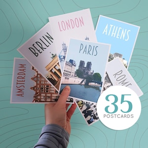 Europe Postcards Pack - 36 cards - Retro vintage style prints. European cities - Paris, Rome, London, Stockholm, Vienna, Prague, Amsterdam +