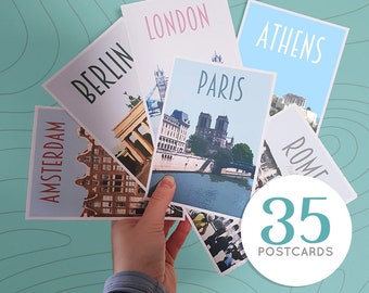 Europe Postcards Pack -35 cards- Retro vintage style prints. European capitals - Paris, Rome, London, Stockholm, Vienna, Prague, Amsterdam +