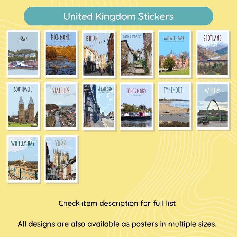 Reisstickerspakket Retro vintage stijl waterdichte stickers. Athene, Newcastle, IJsland, Edinburgh, Brugge, Malta, Lake Louise meer afbeelding 3