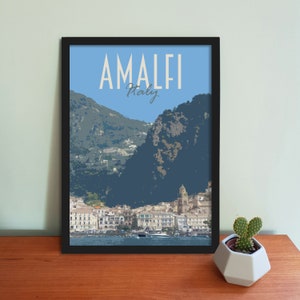 Affiche de voyage d'Amalfi - Impression d'art italienne de style rétro vintage, oeuvre d'art, articles de maison, carte postale de la côte amalfitaine, impression d'art de voyage en Italie