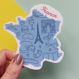 Frankreich Aufkleber - Wasserfester Frankreich Aufkleber - Umriss mit Symbolen aus Frankreich inklusive Eiffelturm, Triumphbogen, + mehr