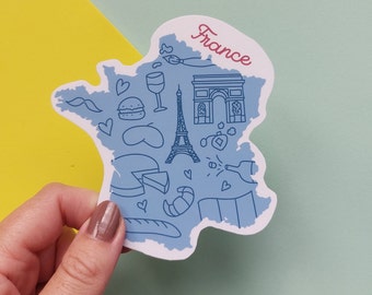 France Sticker -  Waterproof France map sticker -  country outline with icons from France including Eiffel Tower, Arc De Triomphe, + more
