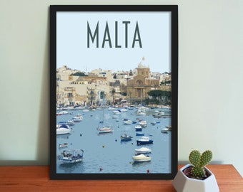 Malta Travel Poster - Retro vintage style Malta art print, artwork, homeware, Valletta Travel Art Print