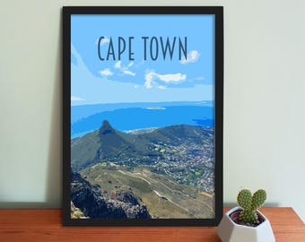 Cape Town Travel Poster - Retro vintage style South Africa art print, artwork, CapeTown Table Mountain Postcard, travel art print