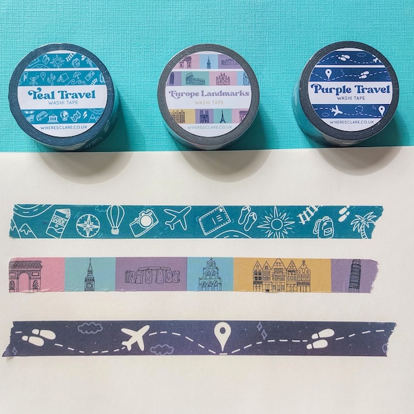 Travel Washi Tape Bundle, 3 x 10 metres, landmarks washitapes, masking tapes, mini tape rolls, doodle design, teal, purple, Europe icons