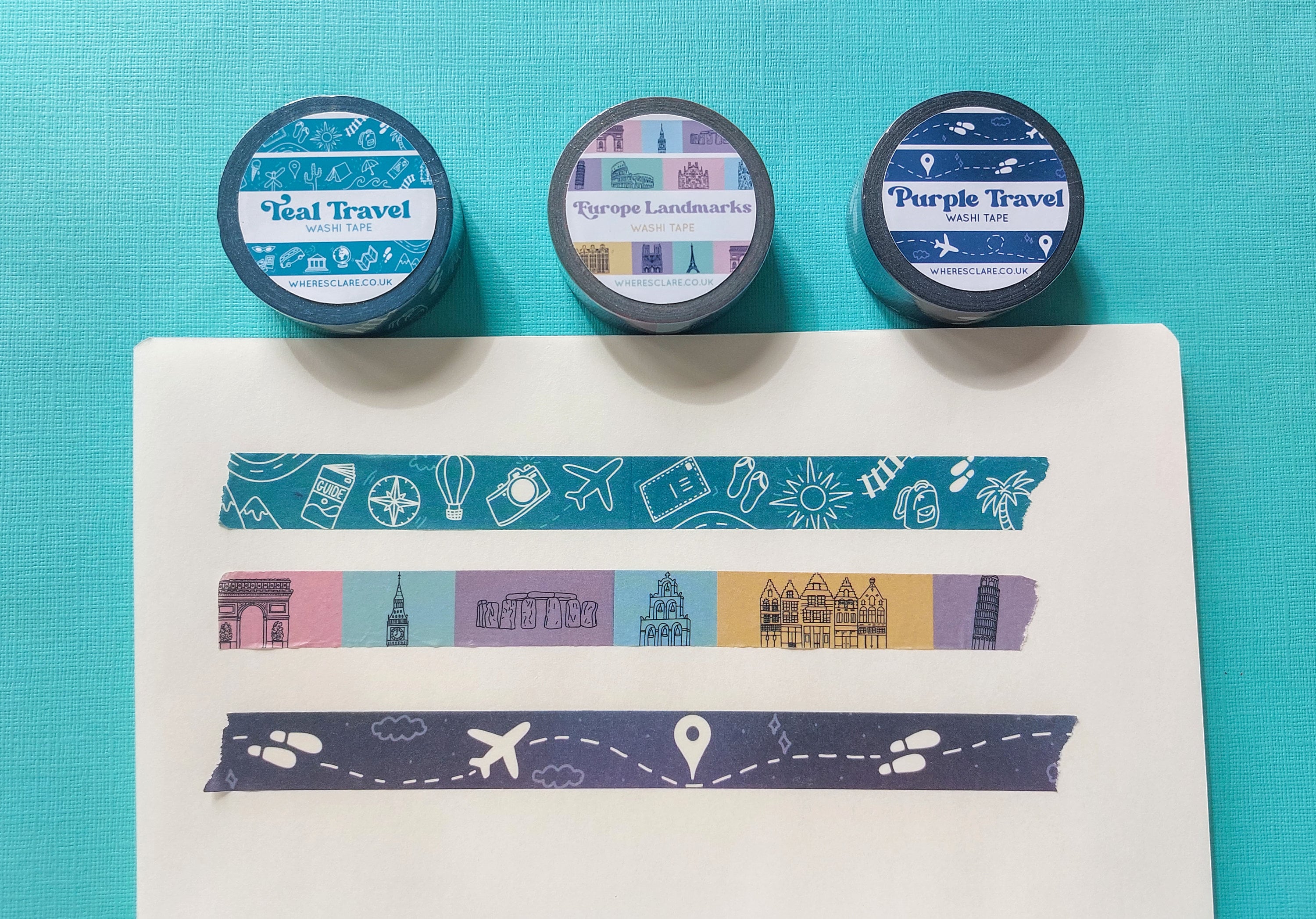 Travel Washi Tape Bundle, 3 x 10 metres, landmarks washitapes, masking tapes, mini tape rolls, doodle design, teal, purple, Europe icons
