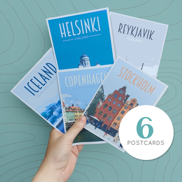 Nordic Travel Postcards Pack - Retro vintage style prints. Scandinavian Postcards - Stockholm, Iceland, Copenhagen, Helsinki, Oslo