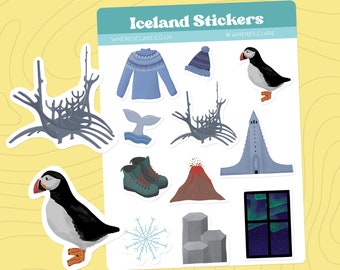 Iceland Sticker Sheet, vinyl stickers. Travel stickers for journals, scrapbooking stickers, Reykjavik, Icelandic jumper, puffin, whale