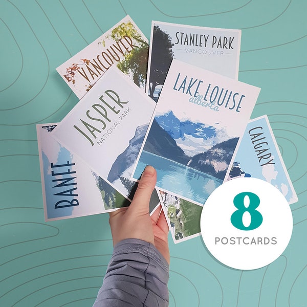 Canada Travel Postcards Pack - Retro vintage style - cities postcard pack. Vancouver, Jasper, Banff, Niagara Falls, Lake Louise, Toronto.