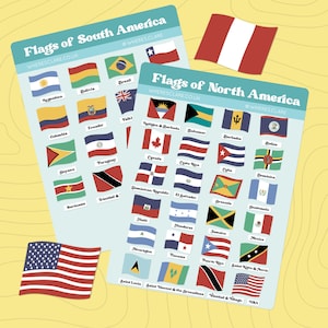 May include: Two illustrated sheets and a single flag featuring flags of North and South American countries. The sheets have the text "Flags of South America" and "Flags of North America". The American flag is also visible.