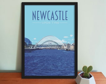 Newcastle Travel Poster - Retro vintage style Newcastle Upon Tyne art print, artwork, homeware, Newcastle Postcard