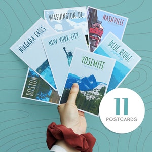 Pack de cartes postales de voyage aux États-Unis - Impressions de style rétro vintage. Cartes postales américaines - New York, Nashville, Washington DC, Yosemite, Boston et plus
