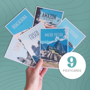Paquet de 9 cartes postales de voyage au Pérou - Style vintage rétro - Paquet de cartes postales de villes. Lima, Cusco, Arequipa, Machu Picchu, Huacachina