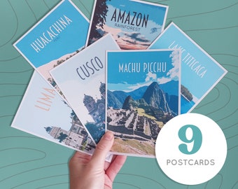 Peru Travel Postcards Pack -  9 postcards - Retro vintage style - cities postcard pack. Lima, Cusco, Arequipa, Machu Picchu, Huacachina