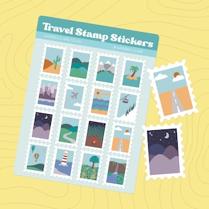 Travel Stamp Sticker Sheet with colourful landscapes including roads, deserts, hills, mountains, waterfalls and flowers. Scrapbook stickers