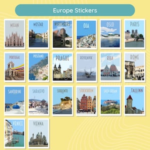 Reisstickerspakket Retro vintage stijl waterdichte stickers. Athene, Newcastle, IJsland, Edinburgh, Brugge, Malta, Lake Louise meer afbeelding 6