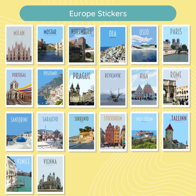 Reisstickerspakket Retro vintage stijl waterdichte stickers. Athene, Newcastle, IJsland, Edinburgh, Brugge, Malta, Lake Louise meer afbeelding 6