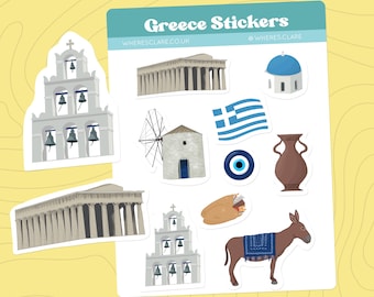 Griechenland Sticker Bogen, Vinyl Aufkleber. Reiseaufkleber für Journals, Scrapbooking Aufkleber, Griechische Inseln, Athen Aufkleber, Griechische Flagge