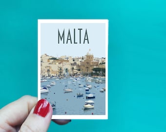 Malta Sticker -  Waterproof Valletta travel poster sticker - Retro vintage style - Malta Harbour, Vinyl travel sticker