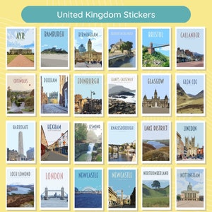 Reisstickerspakket Retro vintage stijl waterdichte stickers. Athene, Newcastle, IJsland, Edinburgh, Brugge, Malta, Lake Louise meer afbeelding 2