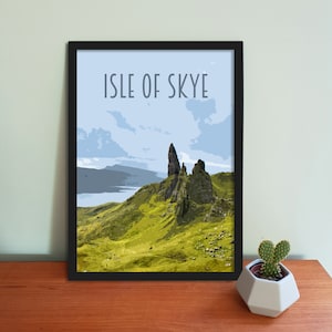 Póster de viaje a la isla de Skye: impresión de viaje a Escocia de estilo retro, postal con Skye, póster de arte de viaje de Old Man of Storr